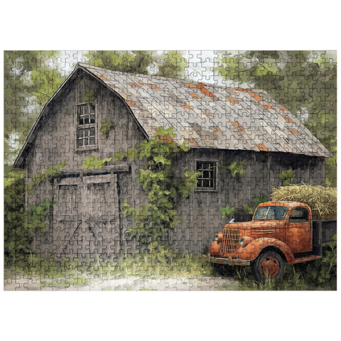 puzzleplate Rustic Barn and Vintage Hay Truck 500 Jigsaw Puzzle