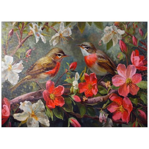 puzzleplate Red-throated Birds Amid Spring Blossoms 1000 Jigsaw Puzzle