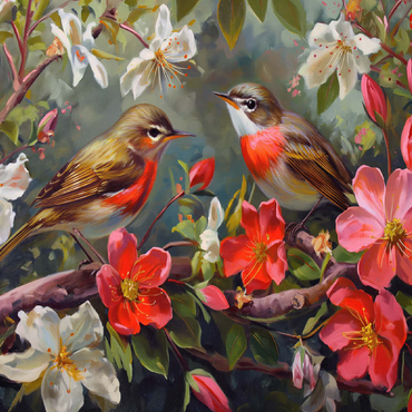 Red-throated Birds Amid Spring Blossoms 100 Jigsaw Puzzle 3D Modell
