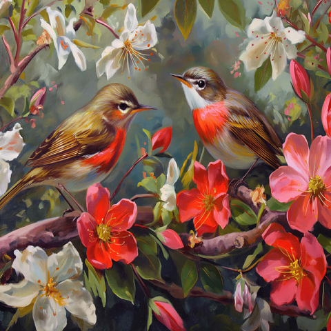 Red-throated Birds Amid Spring Blossoms 100 Jigsaw Puzzle 3D Modell