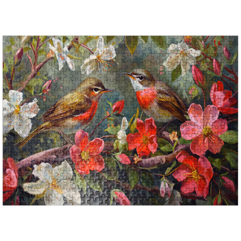 puzzleplate Red-throated Birds Amid Spring Blossoms 500 Jigsaw Puzzle