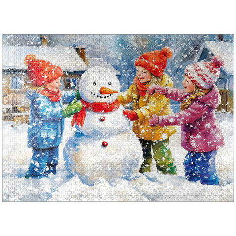 puzzleplate Kids Decorating Snowman in Snowy Backyard 1000 Jigsaw Puzzle