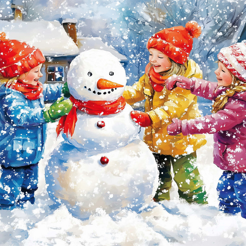 Kids Decorating Snowman in Snowy Backyard 1000 Jigsaw Puzzle 3D Modell