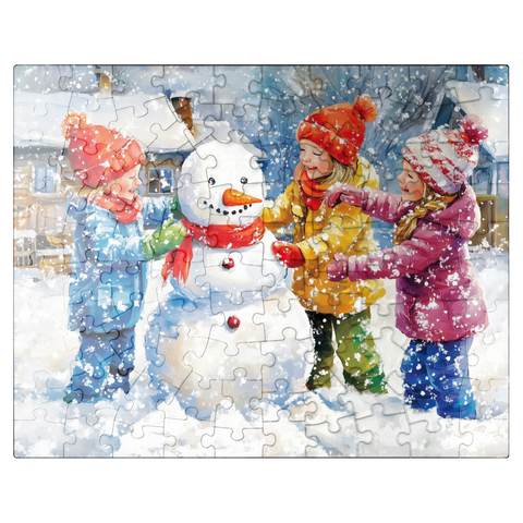 puzzleplate Kids Decorating Snowman in Snowy Backyard 100 Jigsaw Puzzle