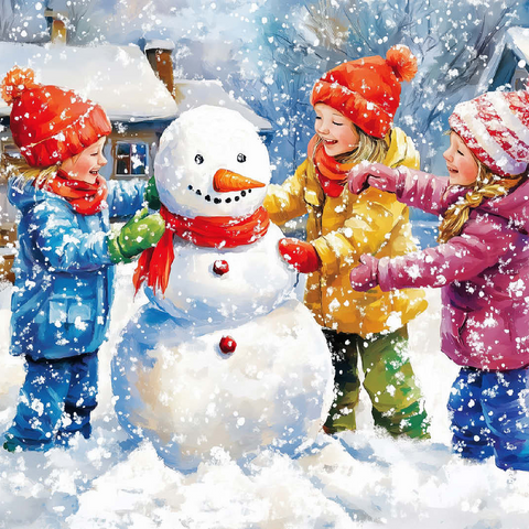 Kids Decorating Snowman in Snowy Backyard 100 Jigsaw Puzzle 3D Modell
