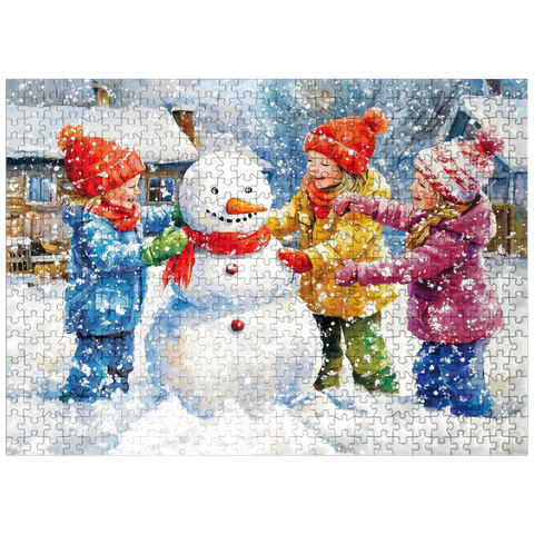puzzleplate Kids Decorating Snowman in Snowy Backyard 500 Jigsaw Puzzle