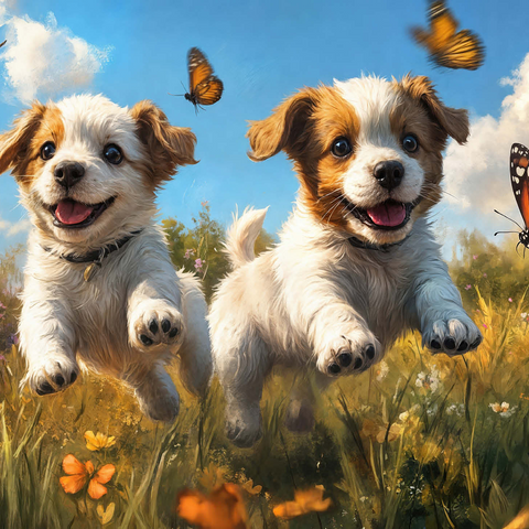 Joyful Puppies Running Through Meadow 500 Jigsaw Puzzle 3D Modell
