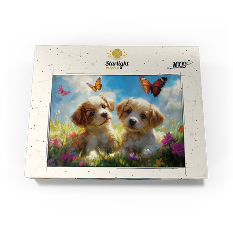 Cute Puppies in Flower Meadow with Butterflies 1000 Jigsaw Puzzle box view3
