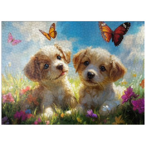 puzzleplate Cute Puppies in Flower Meadow with Butterflies 1000 Jigsaw Puzzle