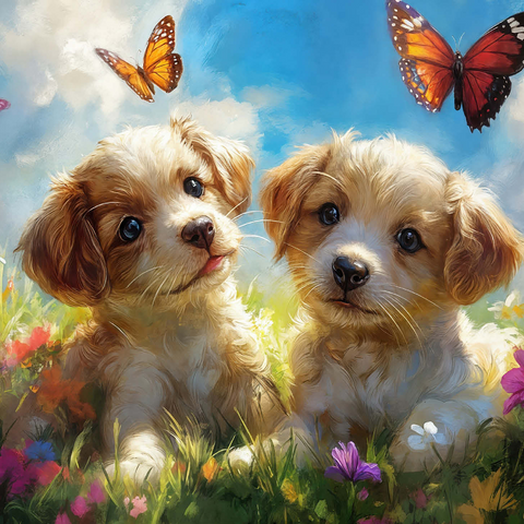 Cute Puppies in Flower Meadow with Butterflies 1000 Jigsaw Puzzle 3D Modell