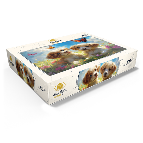Cute Puppies in Flower Meadow with Butterflies 100 Jigsaw Puzzle box view1
