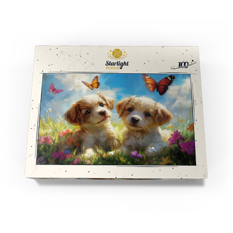 Cute Puppies in Flower Meadow with Butterflies 100 Jigsaw Puzzle box view3