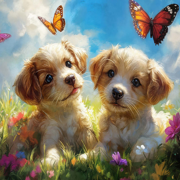 Cute Puppies in Flower Meadow with Butterflies 100 Jigsaw Puzzle 3D Modell