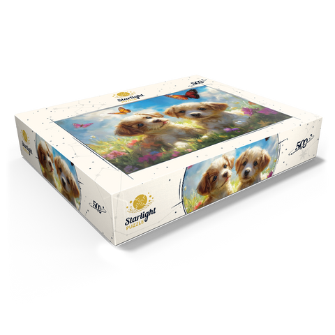 Cute Puppies in Flower Meadow with Butterflies 500 Jigsaw Puzzle box view1