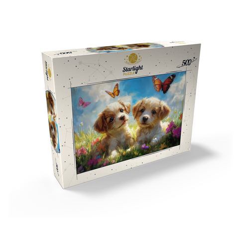 Cute Puppies in Flower Meadow with Butterflies 500 Jigsaw Puzzle box view2