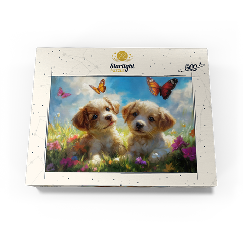Cute Puppies in Flower Meadow with Butterflies 500 Jigsaw Puzzle box view3