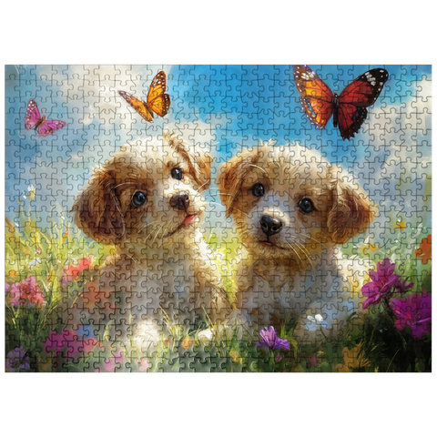 puzzleplate Cute Puppies in Flower Meadow with Butterflies 500 Jigsaw Puzzle