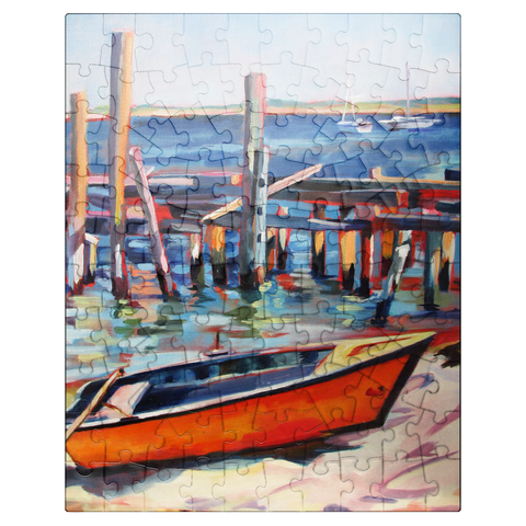 puzzleplate Vibrant Dockside with Orange Rowboat 100 Jigsaw Puzzle