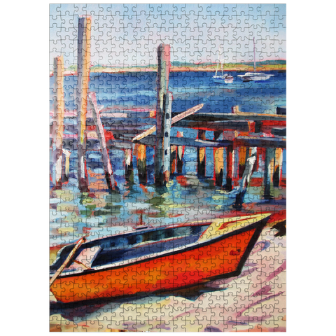 puzzleplate Vibrant Dockside with Orange Rowboat 500 Jigsaw Puzzle