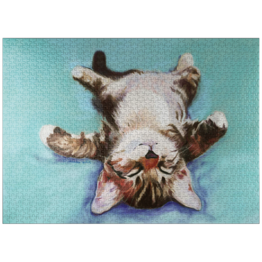 puzzleplate Relaxed Kitten on Turquoise Background 1000 Jigsaw Puzzle
