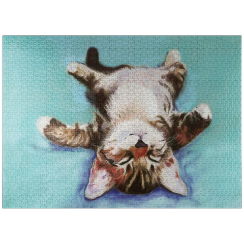 puzzleplate Relaxed Kitten on Turquoise Background 1000 Jigsaw Puzzle