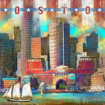 Vintage Boston Harbor Skyline - Patriotic Retro City Art 100 Jigsaw Puzzle 3D Modell
