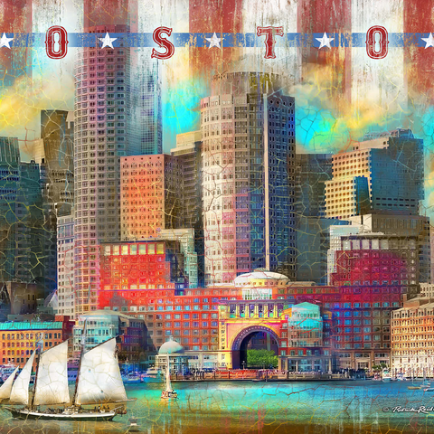 Vintage Boston Harbor Skyline - Patriotic Retro City Art 500 Jigsaw Puzzle 3D Modell