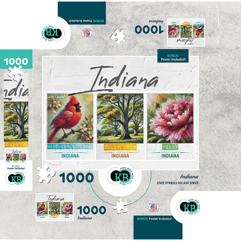 Indiana: Bird, Tree, Flower- State Symbols Collage Series 1000 Jigsaw Puzzle box 3D Modell
