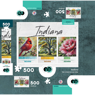 Indiana: Bird, Tree, Flower- State Symbols Collage Series 500 Jigsaw Puzzle box 3D Modell