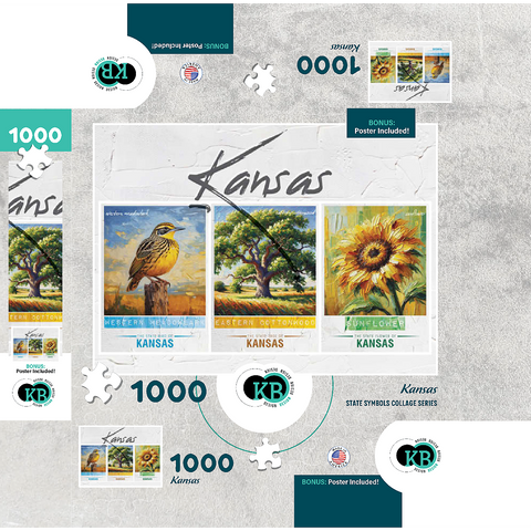 Kansas: Bird, Tree, Flower- State Symbols Collage Series 1000 Jigsaw Puzzle box 3D Modell