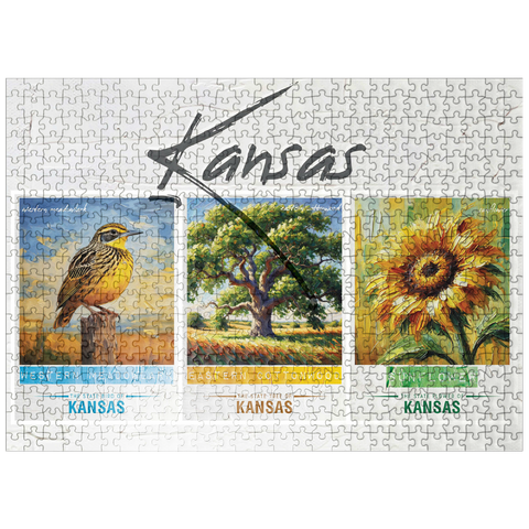 puzzleplate Kansas: Bird, Tree, Flower- State Symbols Collage Series 500 Jigsaw Puzzle