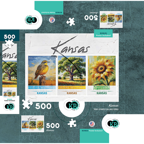Kansas: Bird, Tree, Flower- State Symbols Collage Series 500 Jigsaw Puzzle box 3D Modell