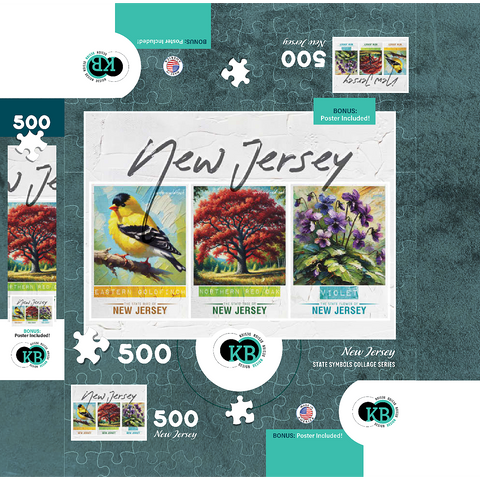 New Jersey: Bird, Tree, Flower- State Symbols Collage Series 500 Jigsaw Puzzle box 3D Modell