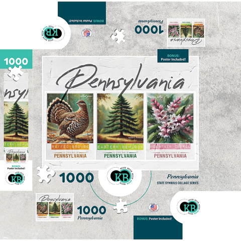 Pennsylvania: Bird, Tree, Flower- State Symbols Collage Series 1000 Jigsaw Puzzle box 3D Modell
