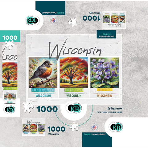 Wisconsin: Bird, Tree, Flower- State Symbols Collage Series 1000 Jigsaw Puzzle box 3D Modell