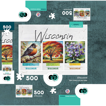 Wisconsin: Bird, Tree, Flower- State Symbols Collage Series 500 Jigsaw Puzzle box 3D Modell