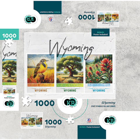 Wyoming: Bird, Tree, Flower- State Symbols Collage Series 1000 Jigsaw Puzzle box 3D Modell