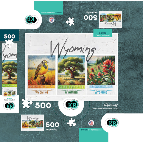 Wyoming: Bird, Tree, Flower- State Symbols Collage Series 500 Jigsaw Puzzle box 3D Modell