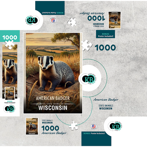 Wisconsin, American Badger: State Animals Series 1000 Jigsaw Puzzle box 3D Modell