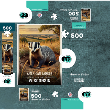 Wisconsin, American Badger: State Animals Series 500 Jigsaw Puzzle box 3D Modell