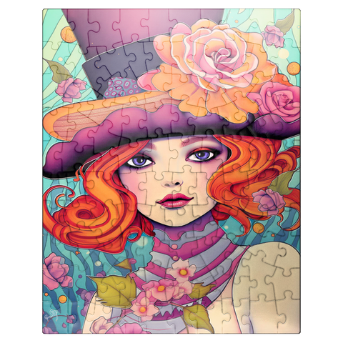 puzzleplate Whimsical Redhead in Floral Top Hat 100 Jigsaw Puzzle