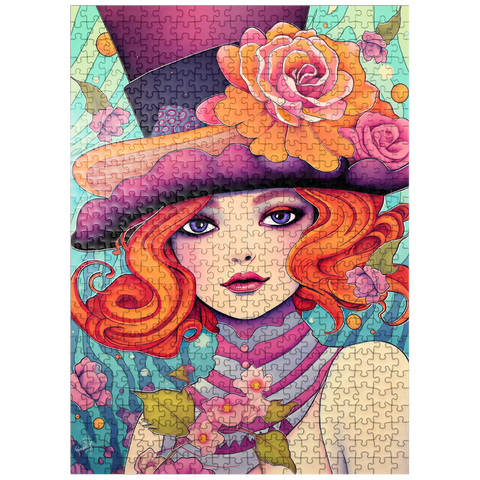 puzzleplate Whimsical Redhead in Floral Top Hat 500 Jigsaw Puzzle
