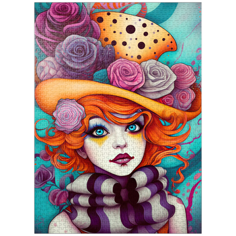 puzzleplate Whimsical Portrait of a Woman with Orange Hair and Floral Hat 1000 Jigsaw Puzzle