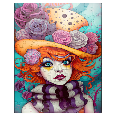 puzzleplate Whimsical Portrait of a Woman with Orange Hair and Floral Hat 100 Jigsaw Puzzle