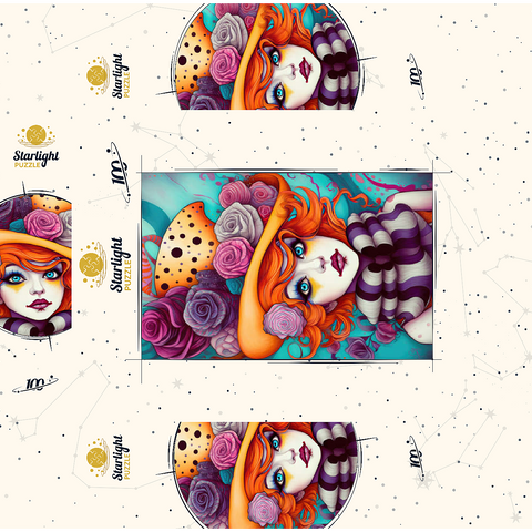 Whimsical Portrait of a Woman with Orange Hair and Floral Hat 100 Jigsaw Puzzle box 3D Modell