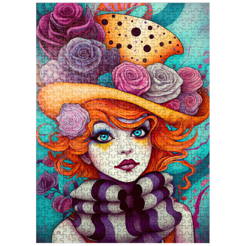 puzzleplate Whimsical Portrait of a Woman with Orange Hair and Floral Hat 500 Jigsaw Puzzle