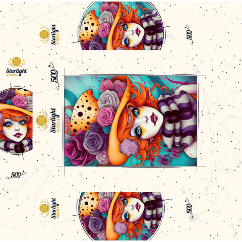 Whimsical Portrait of a Woman with Orange Hair and Floral Hat 500 Jigsaw Puzzle box 3D Modell