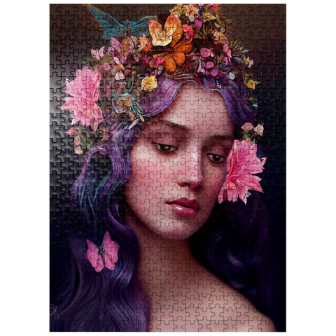 puzzleplate Ethereal Woman with Floral Crown and Violet Hair 500 Jigsaw Puzzle