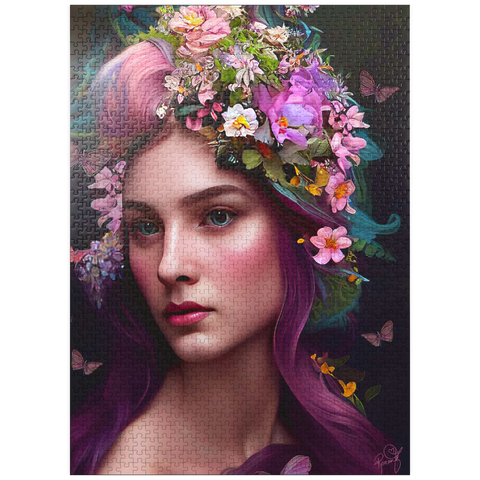 puzzleplate Elegant Woman with Floral Crown and Butterfly Accents 1000 Jigsaw Puzzle