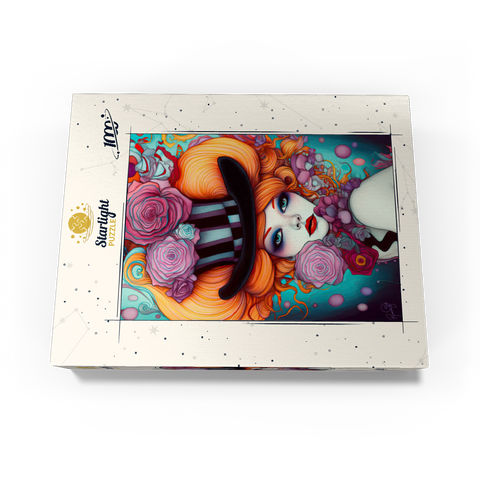 Whimsical Woman with Striped Top Hat and Floral Accents 1000 Jigsaw Puzzle box view3